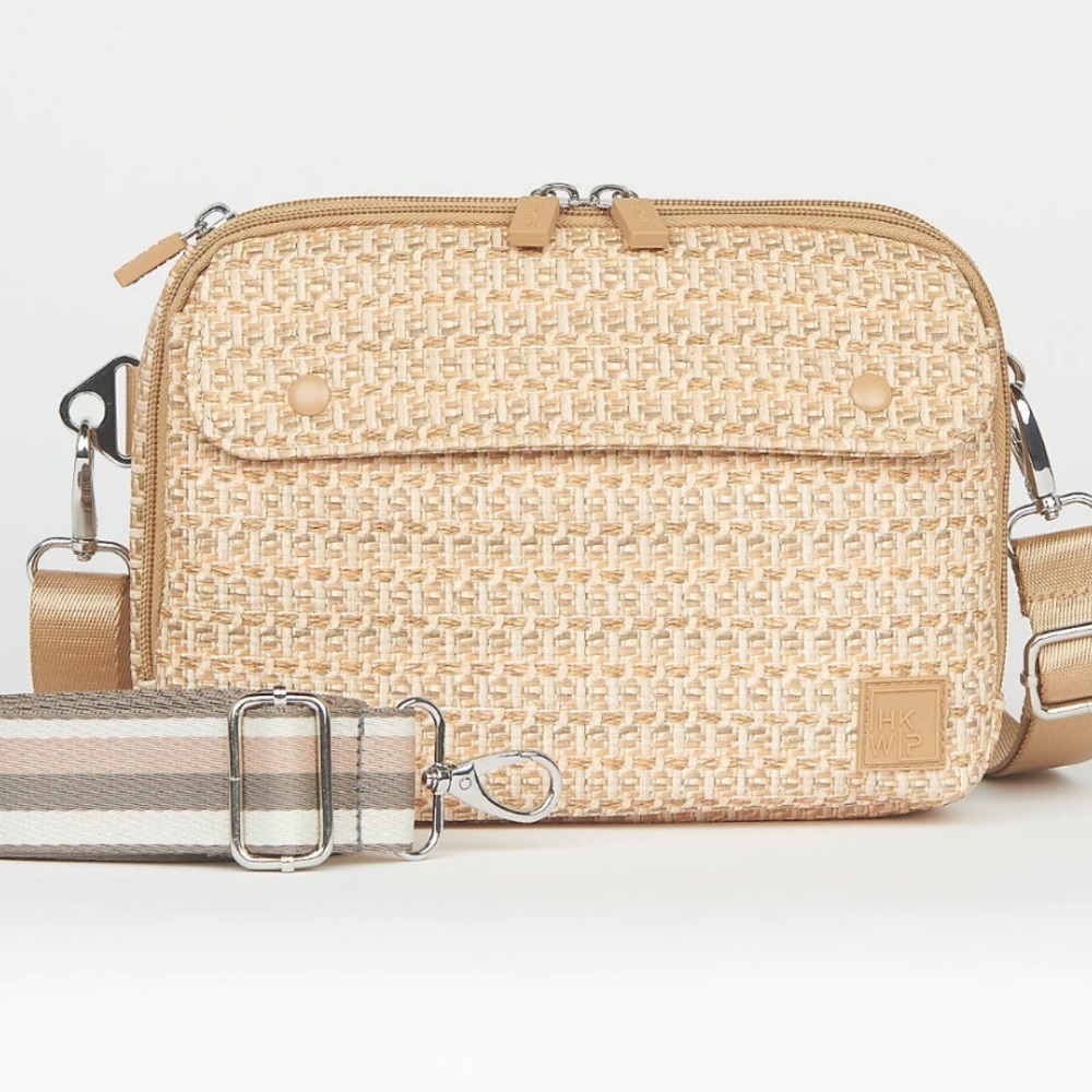 IHKWIP Natural Straw-Texture Crossbody Bag with Striped Strap